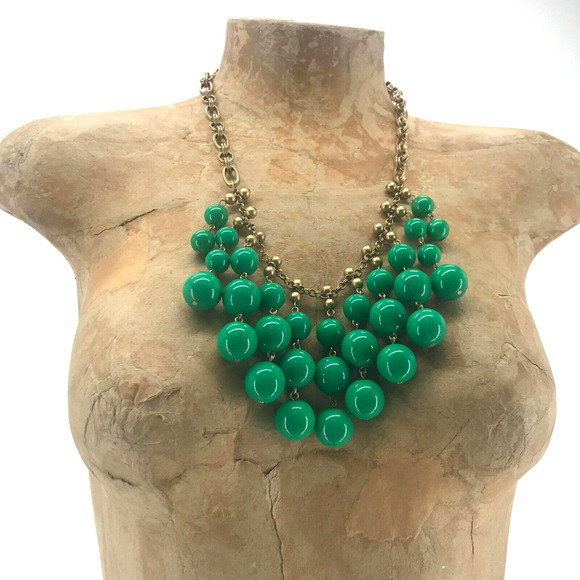 Stella & Dot Beaded Bib Statement Necklace Green Gold Princess Length Chain Link - Picture 8 of 12